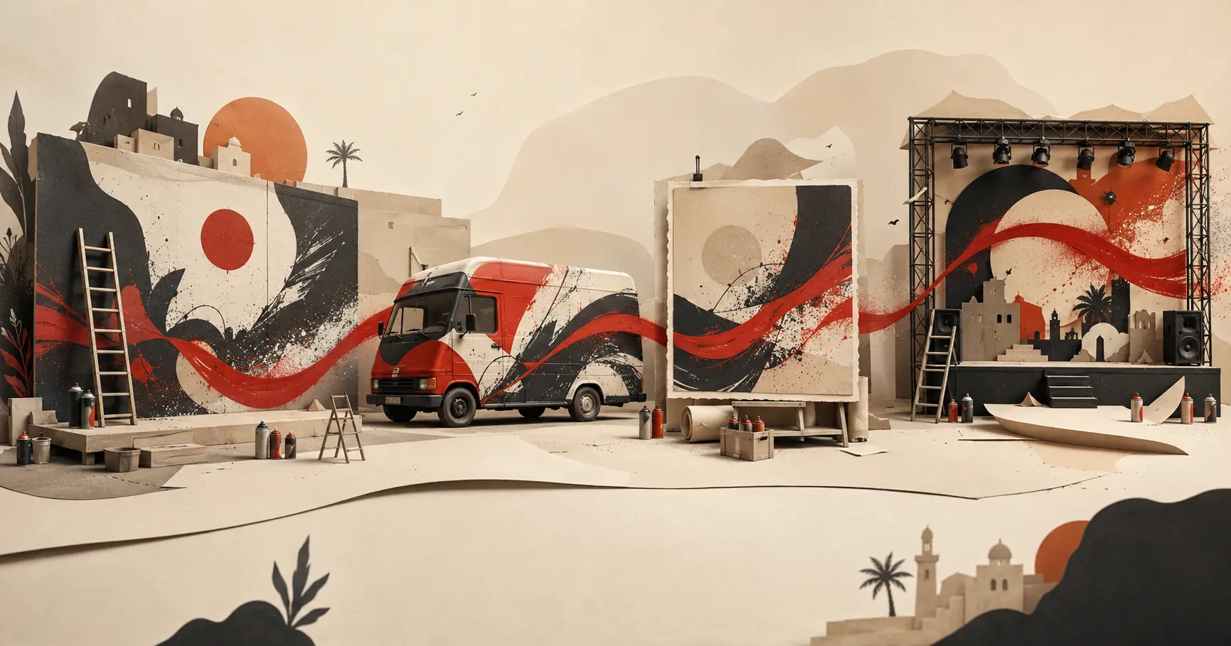Illustrated BROOS graffiti world with a mural, van, canvas and live stage